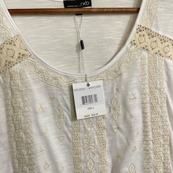 RXB Womens NWT White Cream Embroidered Shark Bite Hem Bohemian Blouse Large - Picture 3 of 8